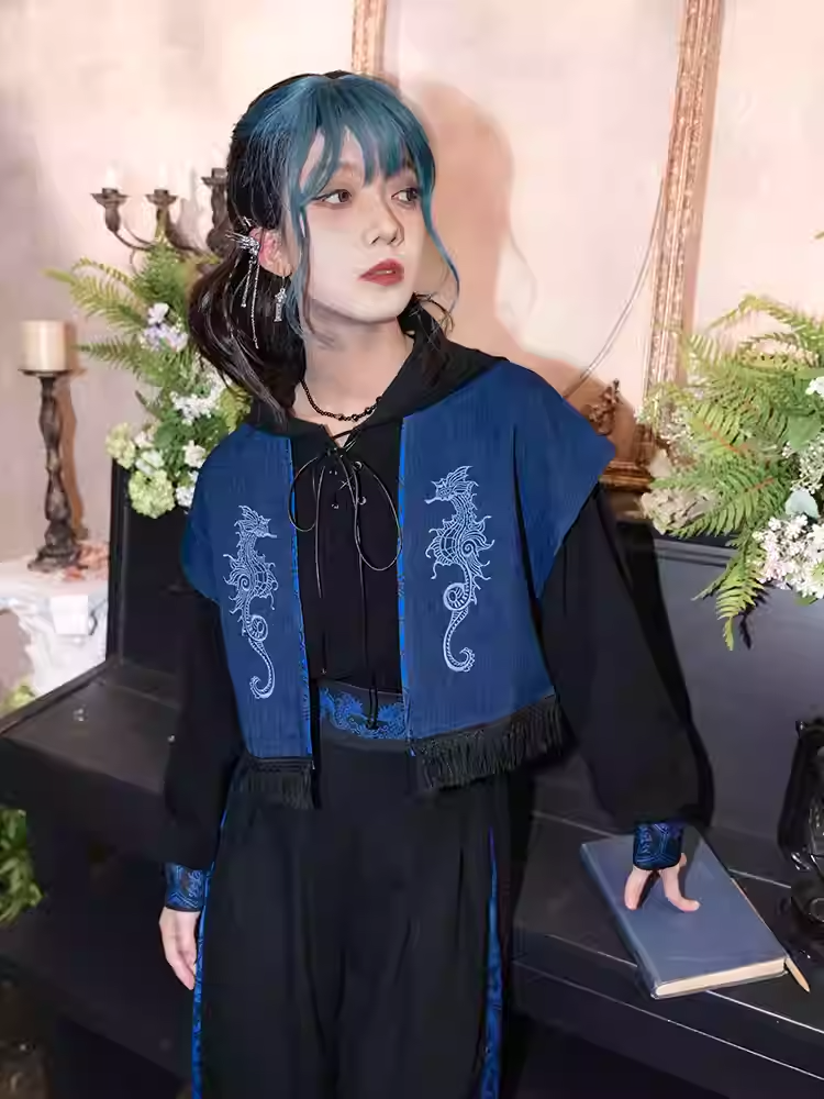 Seahorse Embroidery Tassel Hem Open Placket Blue Cheongsam Style Top