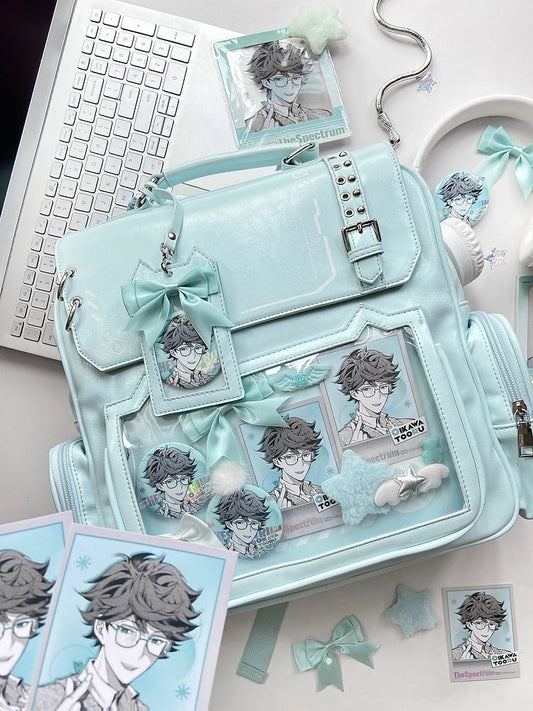 Green Cute Kitty Ear Design PU Ita Backpack with Card Holder Charm