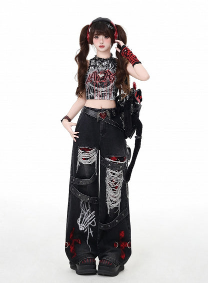 Grey/Red Plaid Faded Wash Distressed Holes Vintage Punk Wide-leg Jeans