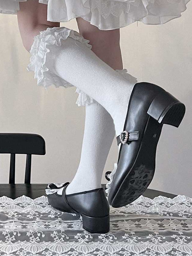 Blue Bow at Top Lace Trim Beaded Heart Buckles Lolita Shoes