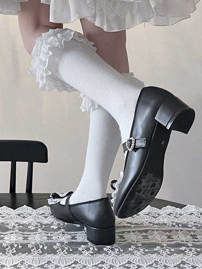 Blue Bow at Top Lace Trim Beaded Heart Buckles Lolita Shoes