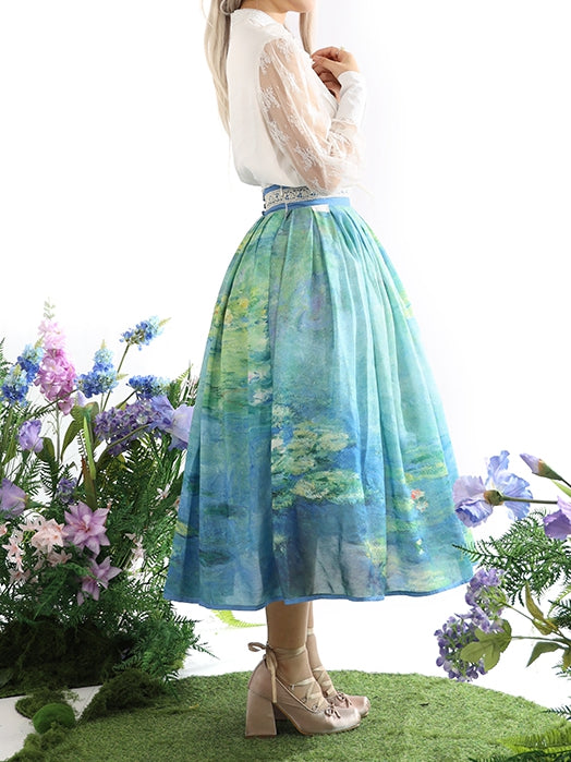 Water Lily Oil Painting Print Blue and Green High Waist Skirt Long/Short Version