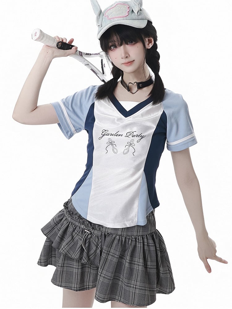 Blue Colorblock Design Blokette Core V-neck T-shirt