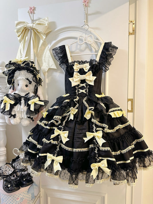 Black and Yellow Sweet Bow Accents Princess Lolita Jumper Skirt