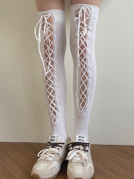 White/Black Lace-up Detail Over-Knee Stockings