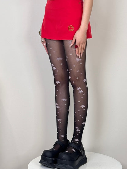 Black/Pink/Purple Floral Pattern Tights