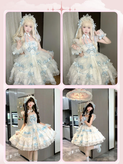 White and Blue Sweet Bow Accents Princess Lolita Jumper Skirt
