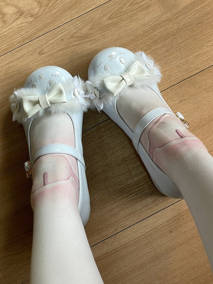 Blue Bowknot Details Plush Bunny Ear Sweet Lolita Round Toe Shoes With Bunny Buckle Strap