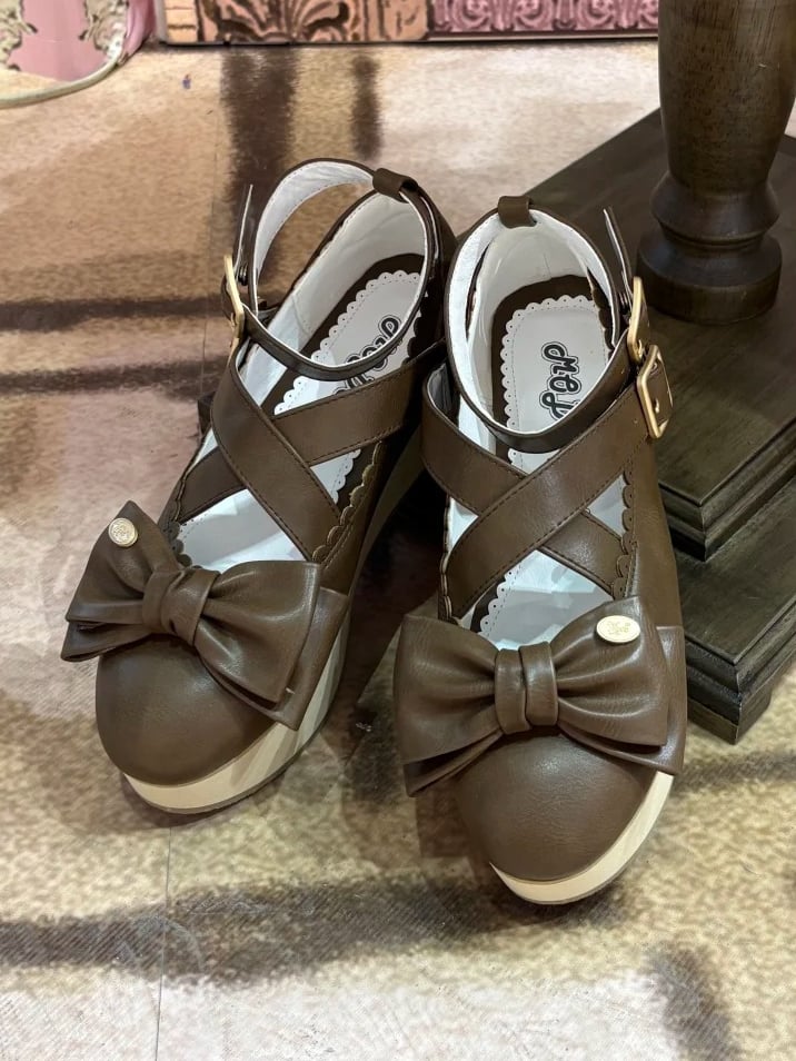 Brown Sweet Lolita Mary Janes - Platform Wood Grain Heel with Crossed Straps & Bow Decor