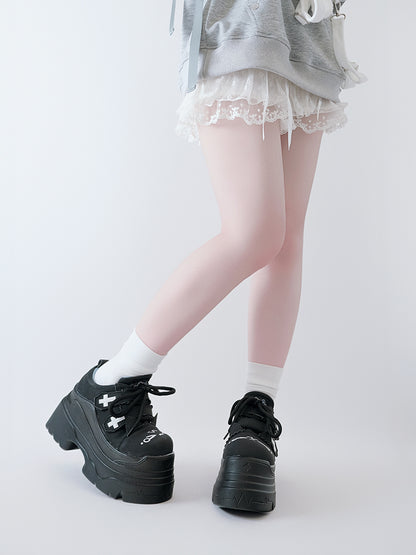 Yami Kawaii Matte Black Cross Velcro Strap Kitty Ears Design Platform Shoes