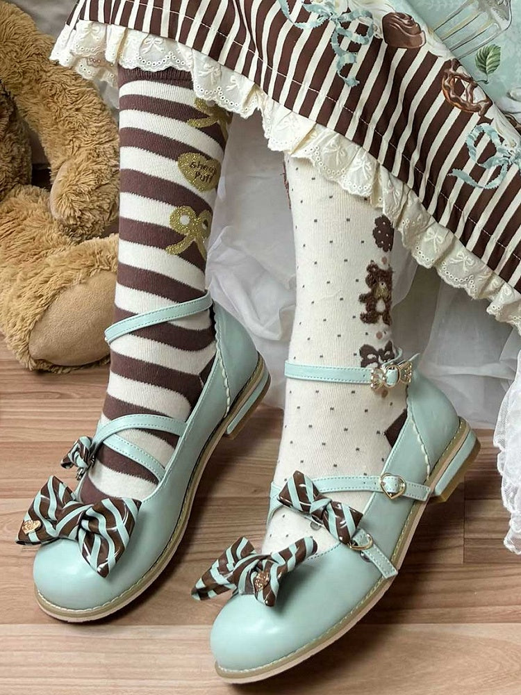 Green&Brown Striped Pattern Bow at Top Crisscross Design Heart Buckles Lolita Shoes