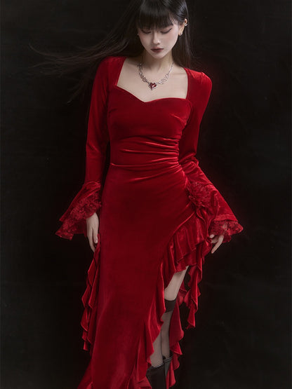 Red Velvet Lace Bell Sleeves Asymmetrical Ruffle Hem Dress