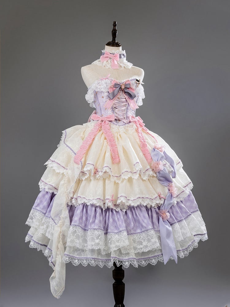 Purple and Pink Princess Hime Lolita Boned Corset Top + Tiered Skirt