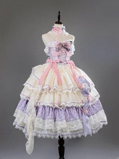 Purple and Pink Princess Hime Lolita Boned Corset Top + Tiered Skirt