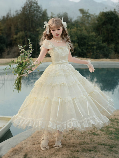 Creamy White Beads Neckline Ribbon Bow Accents Princess Lolita Dress