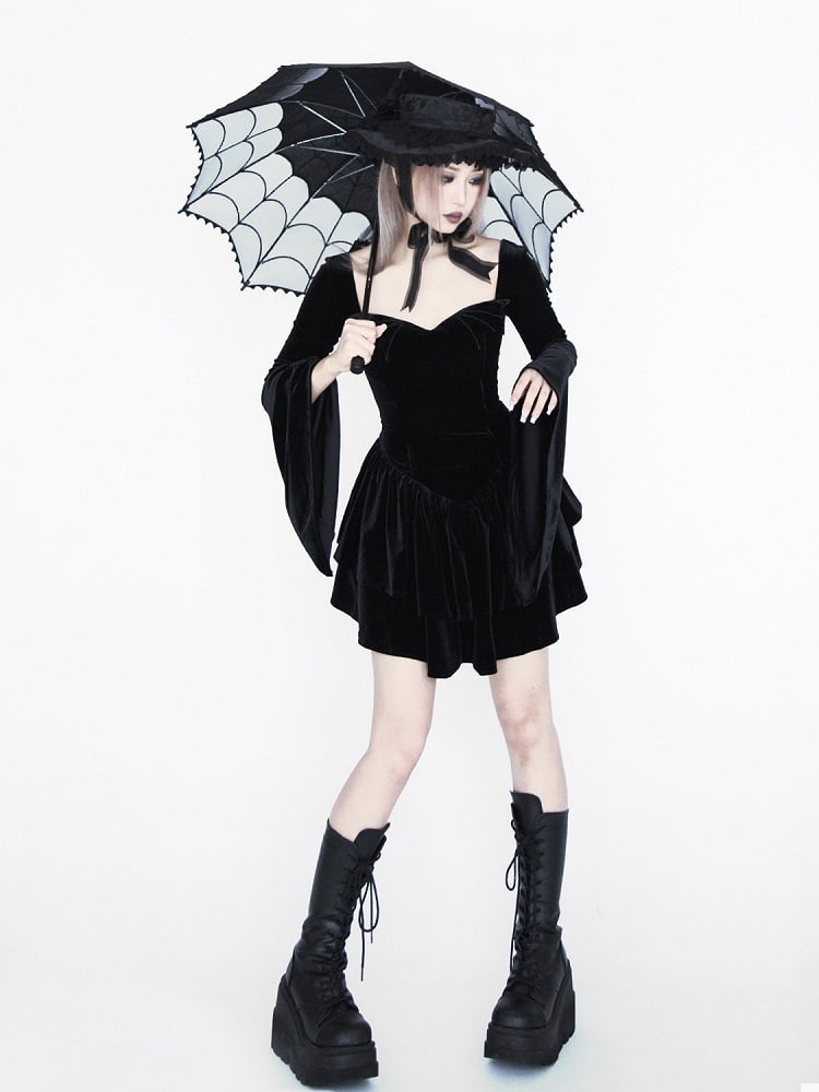 Gothic Black Velvet Bell Sleeves  Tiered Skirt Witch Dress