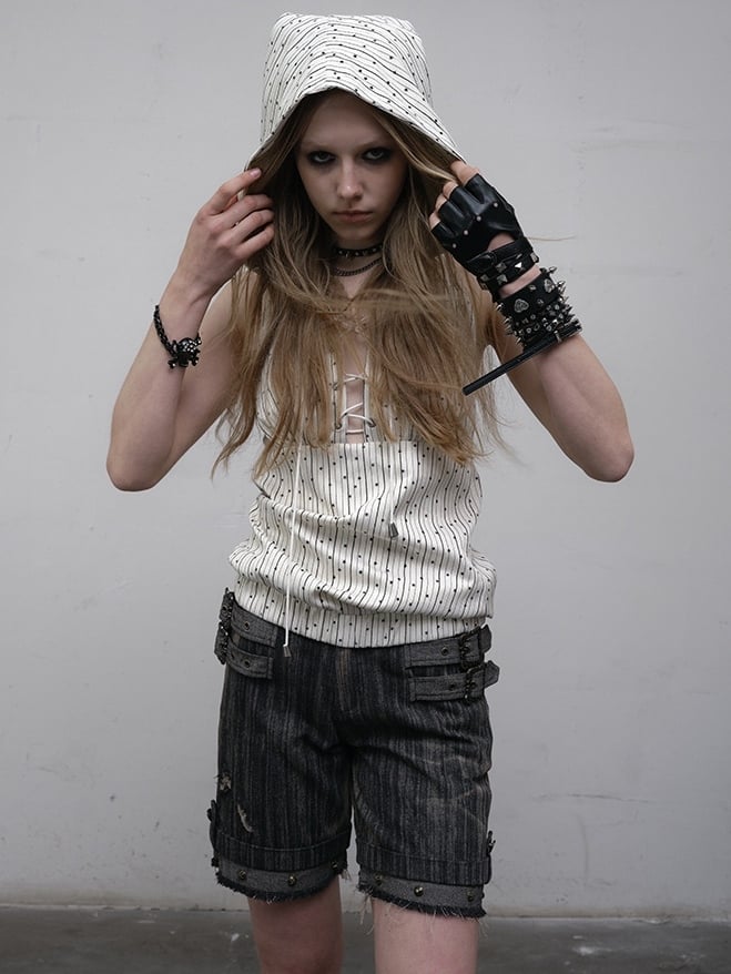 White Striped Pattern Star Print Lace-up Detail Hoodie Sleeveless Top