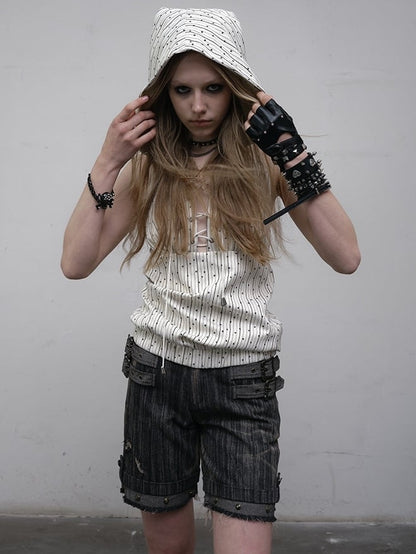 White Striped Pattern Star Print Lace-up Detail Hoodie Sleeveless Top