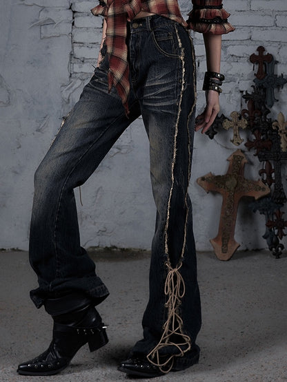 Dark Blue Wasteland Punk Raw Hem Lace-up Detail Fishtail Jeans