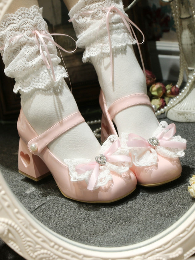Heart-shaped Hollowed Heel Pink Elegant Mary Janes with Lace Bowknot Clips