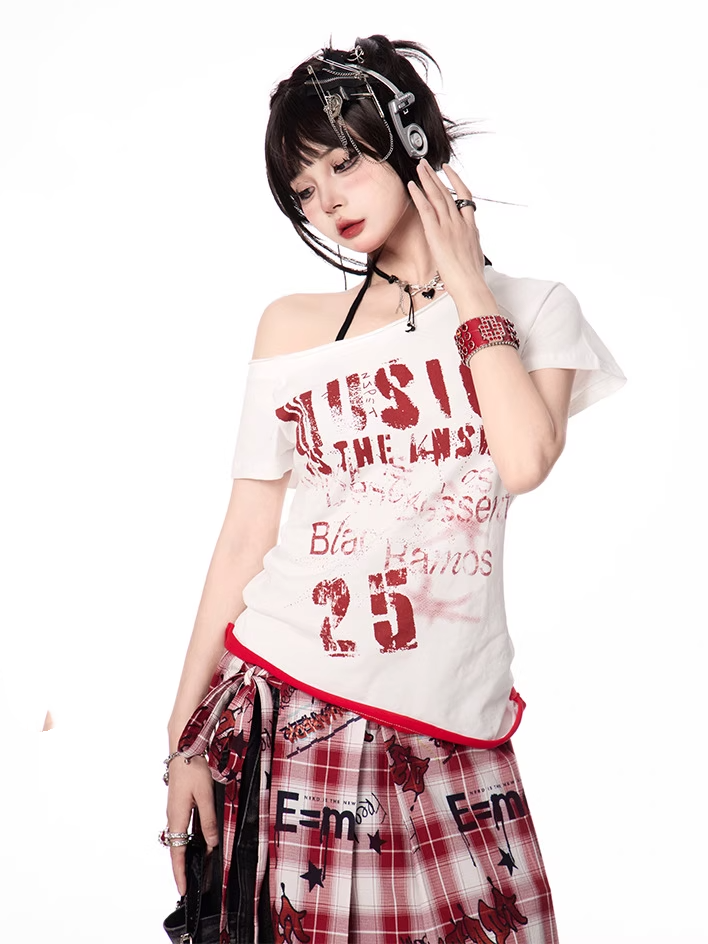 Y2K Letter Print White/Gray Asymmetrical Neckline T-shirt