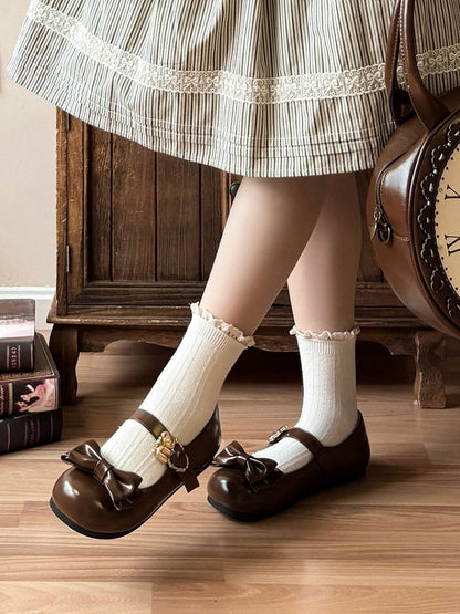 Brown Bow at Top Sweet Lolita Flats with Hugging Bear Heart Buckles