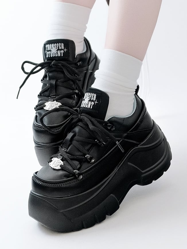 PU Mattend Black Jirai Kei Platform Sneakers with Lace-Up Design