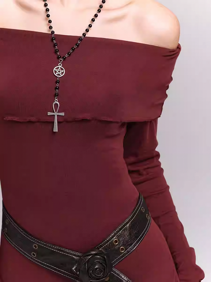 Wine Red Semi-sheer Off-the-shoulder Neckline Glamorous Dress