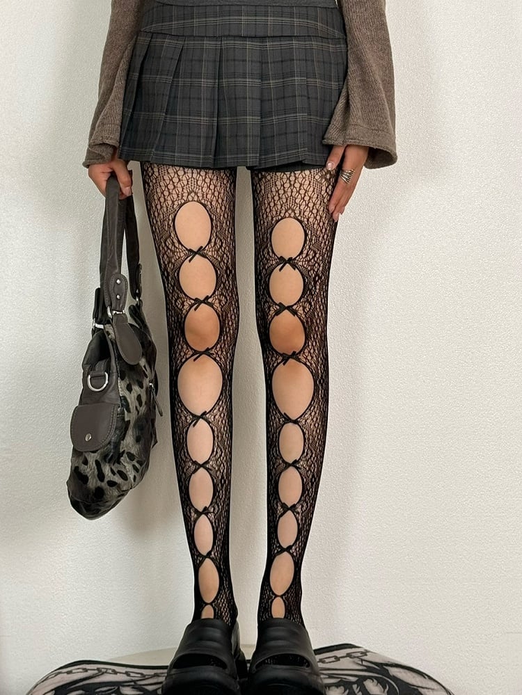 6 Color Options Gyaru Fashion Cutout Design Bowknot Details Tights
