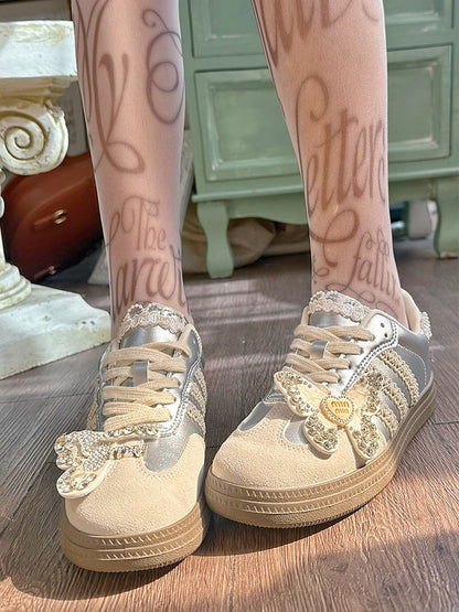 Beads and Rhinestones Detail Silver Butterfly Decorated Sneakers