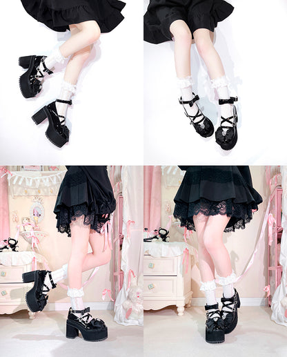 Black Rhinestone Bowknot Jirai Kei Platform High Heels