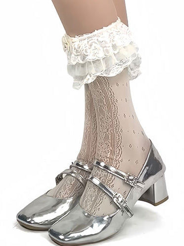 Beige Beaded And Wings Decorated Bowknot Lace Trim Lolita Calf Socks