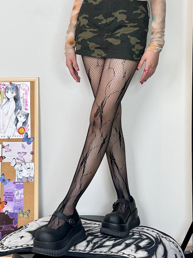 Black Y2K Flower Vine Pattern Tights