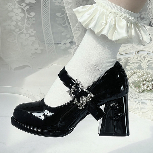 Butterfly Buckle Polished Black 7cm Floral High Block Heel Hime Lolita Mary Janes