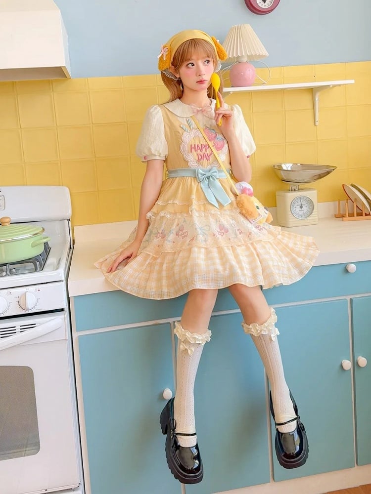 Strawberry Cake Embroidery Big Bow Creamy Yellow Tiered Skirt Sweet Lolita Dress