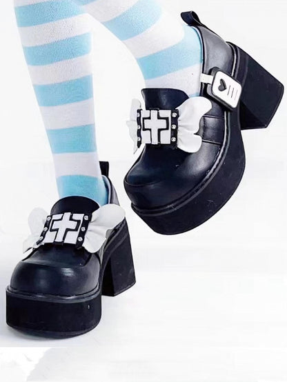 Punk Cross Wings Black and White Jirai Kei Platforms High Block Heel