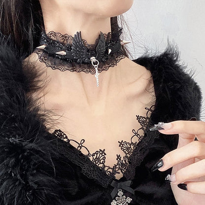 Studs Cross Punk Black/White Lace Trim Choker