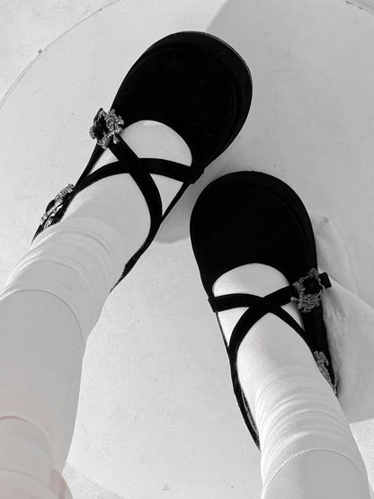 Velvet Black Gothic Crosscriss Design Platform Mary Janes With Detachable Buckles