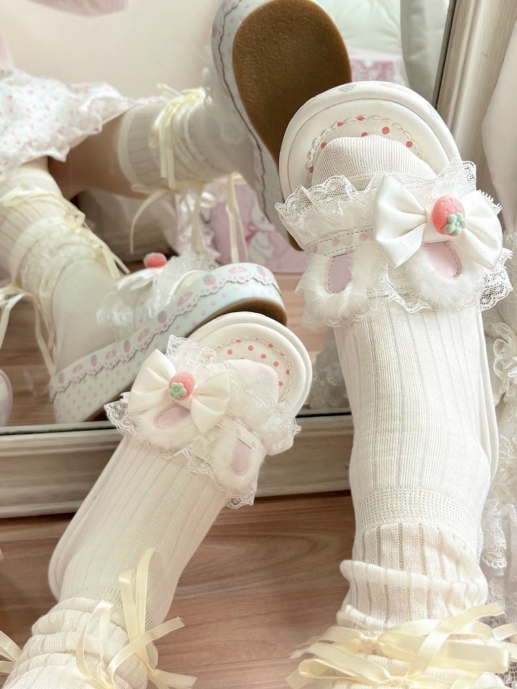 White Sweet Lolita Bow Accents Lace Trim Plush Bunny Ear Platform Slippers
