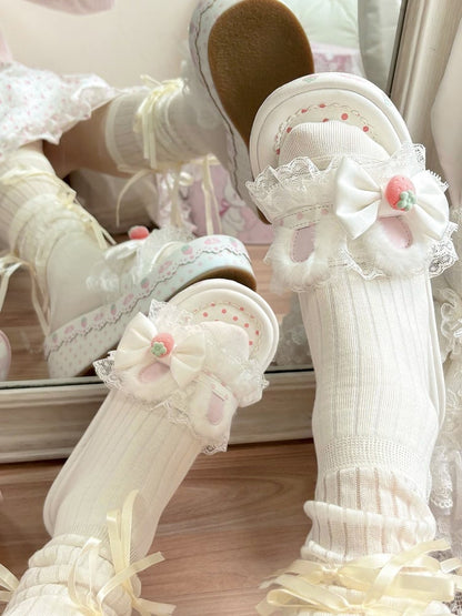White Sweet Lolita Bow Accents Lace Trim Plush Bunny Ear Platform Slippers