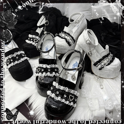 Jirai Kei Black Lace Platform Heels: 12cm Chunky Block Heel with Heart Rhinestone Chain & Buckle Ankle Strap