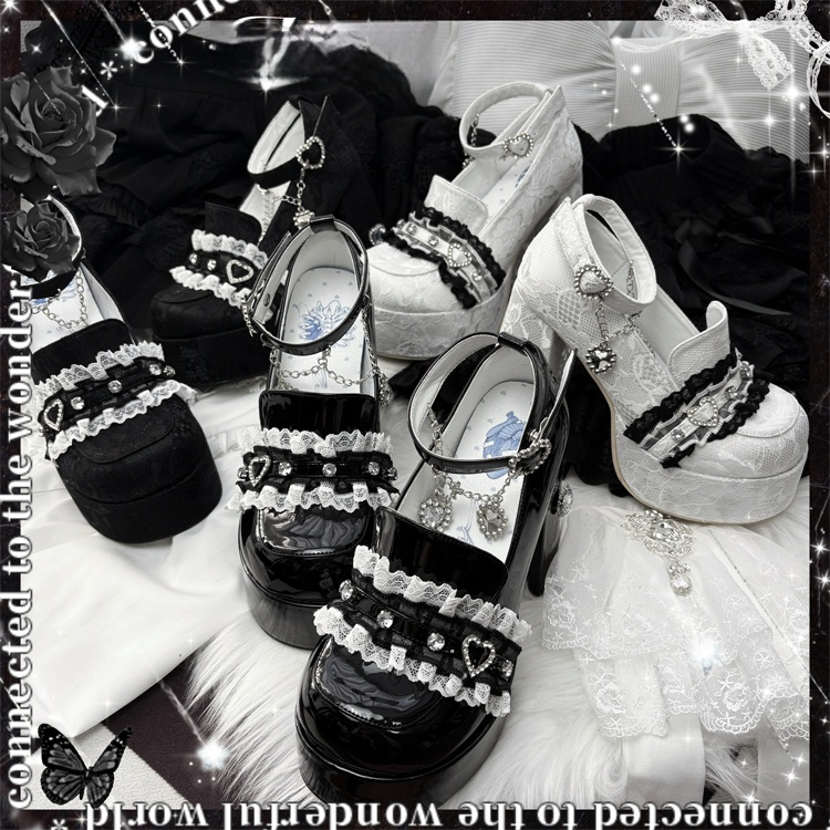 Dark Sweetheart Heels: Jirai Kei Polished Black Platforms with 12cm Block Heel & Rhinestone Chain