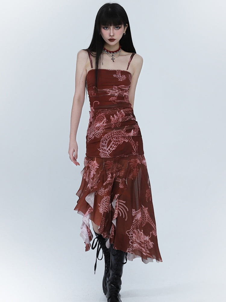 Red Dragon Print Asymmetrical Hem Slim-fitting Dress