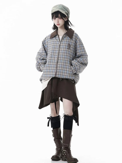 Millard Fashion 2-Way Convertive Jacket: Caramel Brown & Blue Vintage Plaid