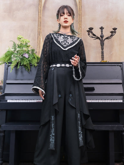 Seahorse and Coral Embroidery Tassel Hem Black Cheongsam Style Hollow-out Lace Top