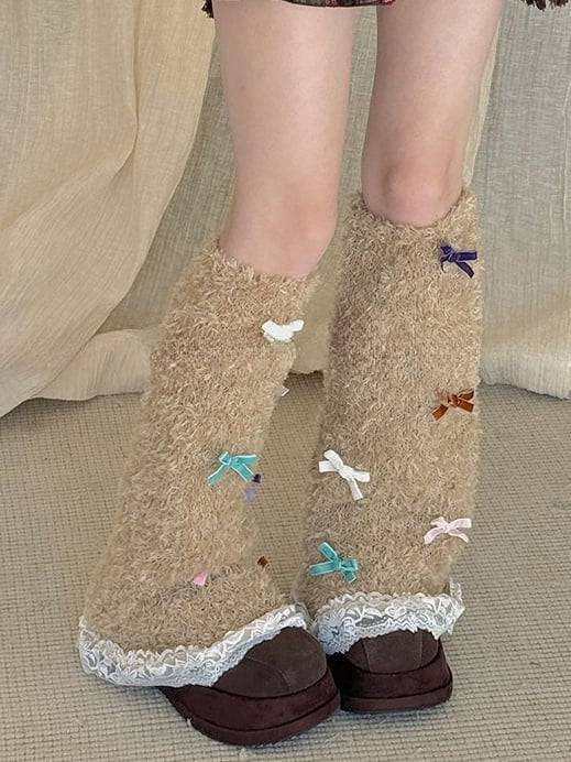 White/Purple/Camel/Light Grey Sweet Bowknot Lace Trim Leg Warmers