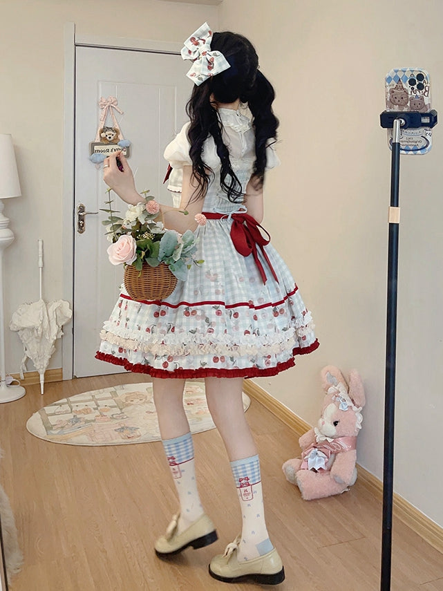 Cherry Print Blue Plaid Bowknot Hairclip