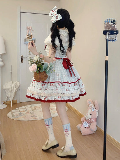 Cherry Print Blue Plaid Bowknot Hairclip