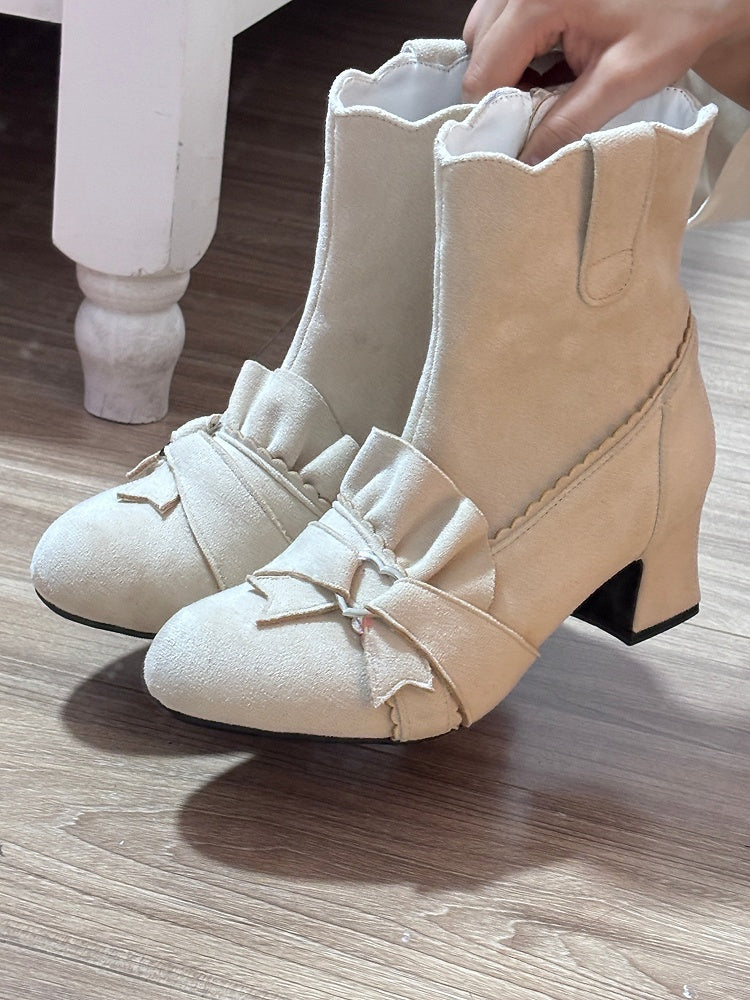 Beige Knotted Bow Accent Zip Closure at Sides Ankle Boots