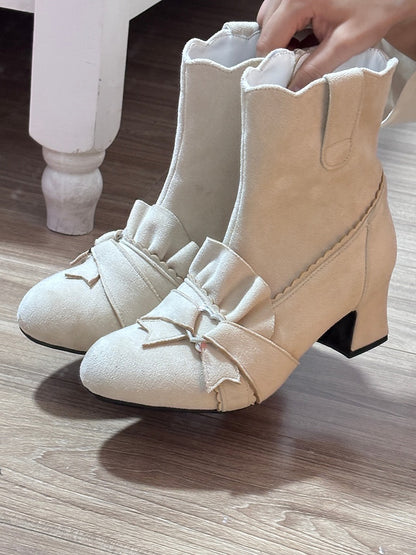 Beige Knotted Bow Accent Zip Closure at Sides Ankle Boots